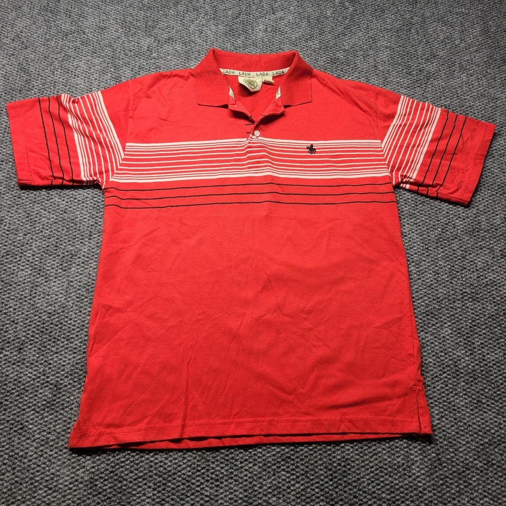 Y2k Lada Style Polo Shirt Men M Red Striped Cotton Performance Golf Tennis Tail